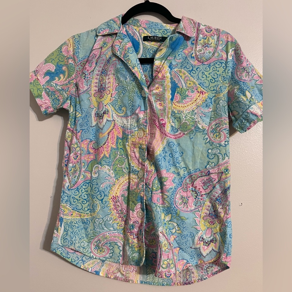 Lauren Ralph Lauren Paisley Pajama Set Women small Button Up Colorful Blue Pink